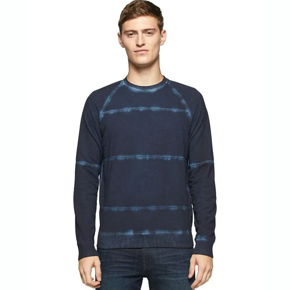 New! CALVIN KLEIN Men's Tie-Dye Print Stripe Sweater Sweatshirt Blue 100% Cotton